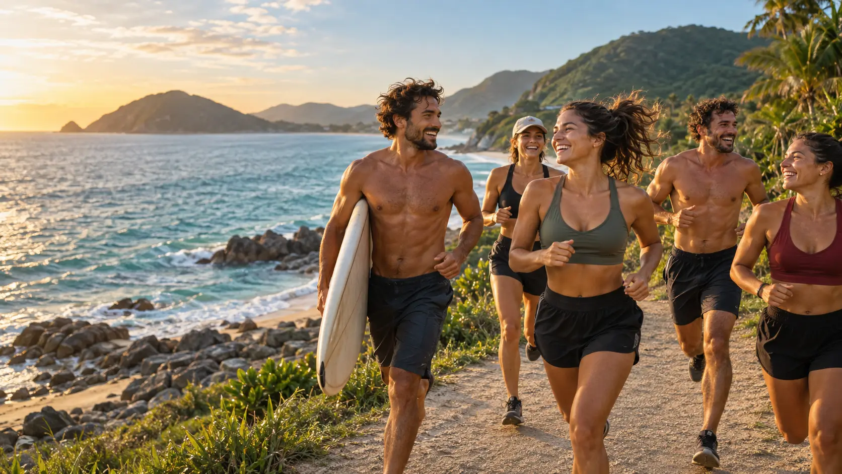 Imagen referencial de un grupo de amigos compartiendo running y surf junto al mar